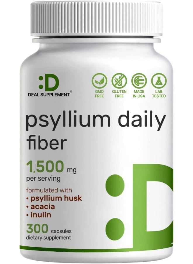 DEAL SUPPLEMENT قشور السيليوم 1500 ملغ لكل حصة، 300 كبسولة – 3 في 1 ألياف مع الإينولين ومجمع الأكاسيا – مكمل ألياف قابل للذوبان طبيعي، يدعم صحة الجهاز الهضمي – نباتي، غير معدل وراثيًا - Image 1