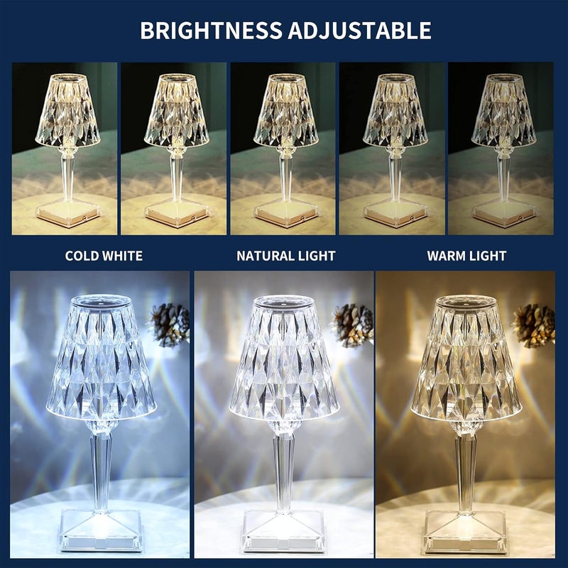 Bisofice Touching Control Acrylic Diamond Table Lamp 3 Lighting Colors With Brightness Adjustable Usb Rechargeable Crystal Bedside Night Light Decorative Bedroom Nightstand Lamp - Image 1