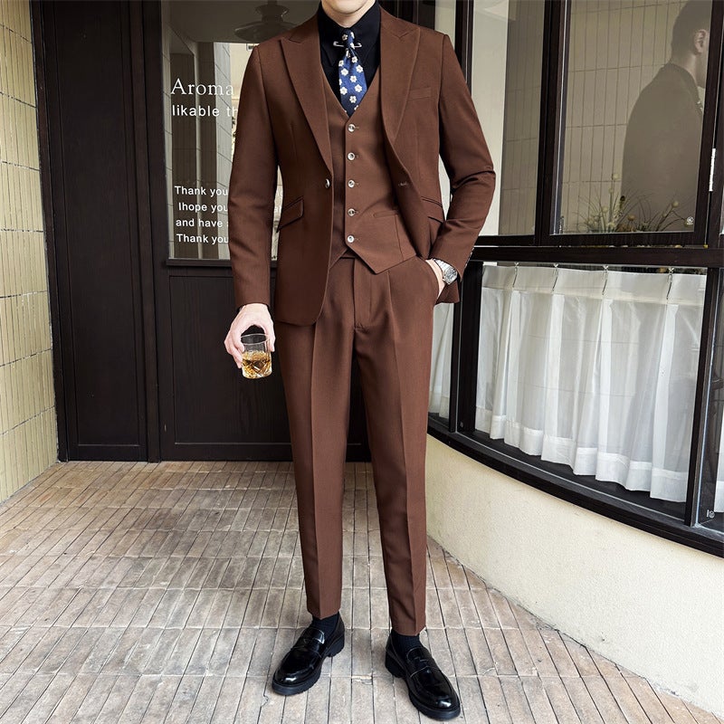 Suit Suit Men'S Three-Piece Fashionable Korean-Style Slim-Fit Business Casual Small Suit Jacket Bridegroom Wedding Dress - Image 1