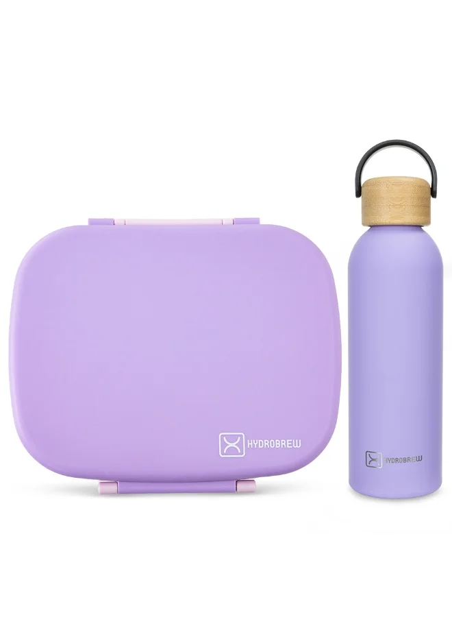 هيدروبرو Hydrobrew Smart Serve 5-Compartment Bento Lunch Box 1100ml & Double Wall Stainless Steel Water Bottle 500ml – Purple