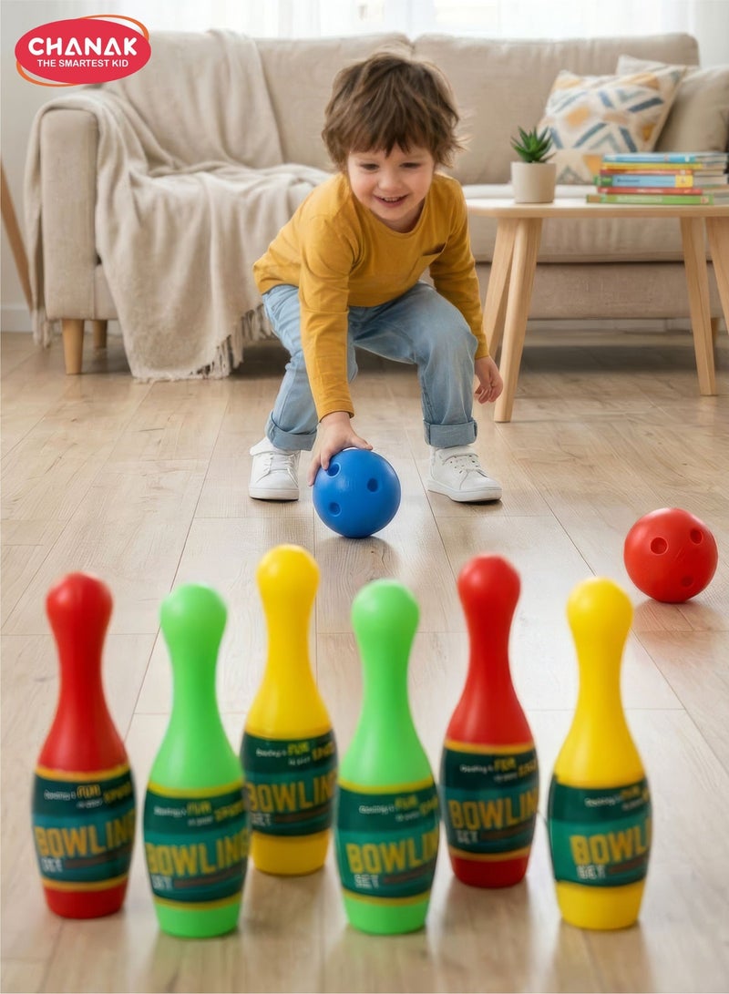 Chanak Plastic Bowling Game Set with 6 Pin and 2 Ball, Multicolor Bowling Set for Indoor & Outdoor Play, Non-Toxic Bowling Game, Suitable for Kids Above 3 Years (Box Pack) - Image 1