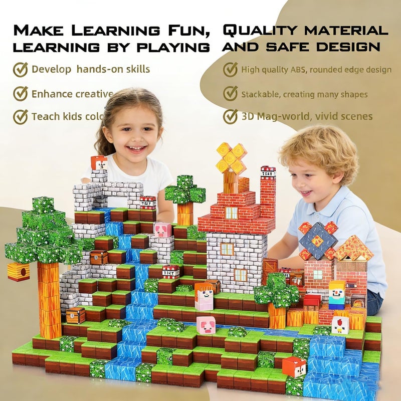 Moonmen Magnetic Cubes For Kids, 100 Pieces, Mine Magnet World Magic Portal Set STEM Montessori Sensory Toys Magnetic Blocks Magnetic Tiles for Age 3+, 3D Construction Kit (Grassland windmill) - Image 2