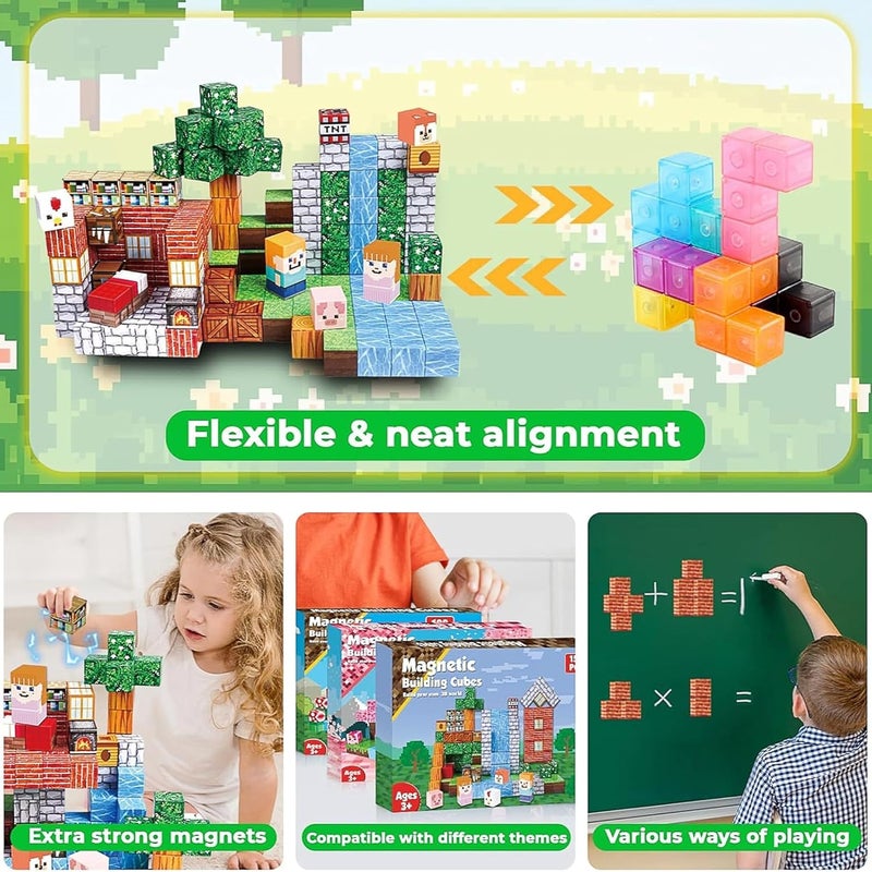 Moonmen Magnetic Cubes For Kids, 100 Pieces, Mine Magnet World Magic Portal Set STEM Montessori Sensory Toys Magnetic Blocks Magnetic Tiles for Age 3+, 3D Construction Kit (Grassland windmill) - Image 3
