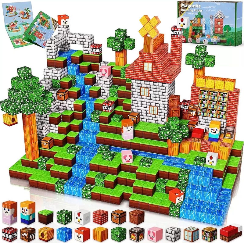 Moonmen Magnetic Cubes For Kids, 100 Pieces, Mine Magnet World Magic Portal Set STEM Montessori Sensory Toys Magnetic Blocks Magnetic Tiles for Age 3+, 3D Construction Kit (Grassland windmill) - Image 1