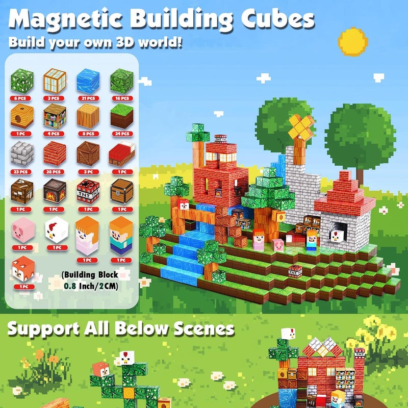 Moonmen Magnetic Cubes For Kids, 100 Pieces, Mine Magnet World Magic Portal Set STEM Montessori Sensory Toys Magnetic Blocks Magnetic Tiles for Age 3+, 3D Construction Kit (Grassland windmill) - Image 4