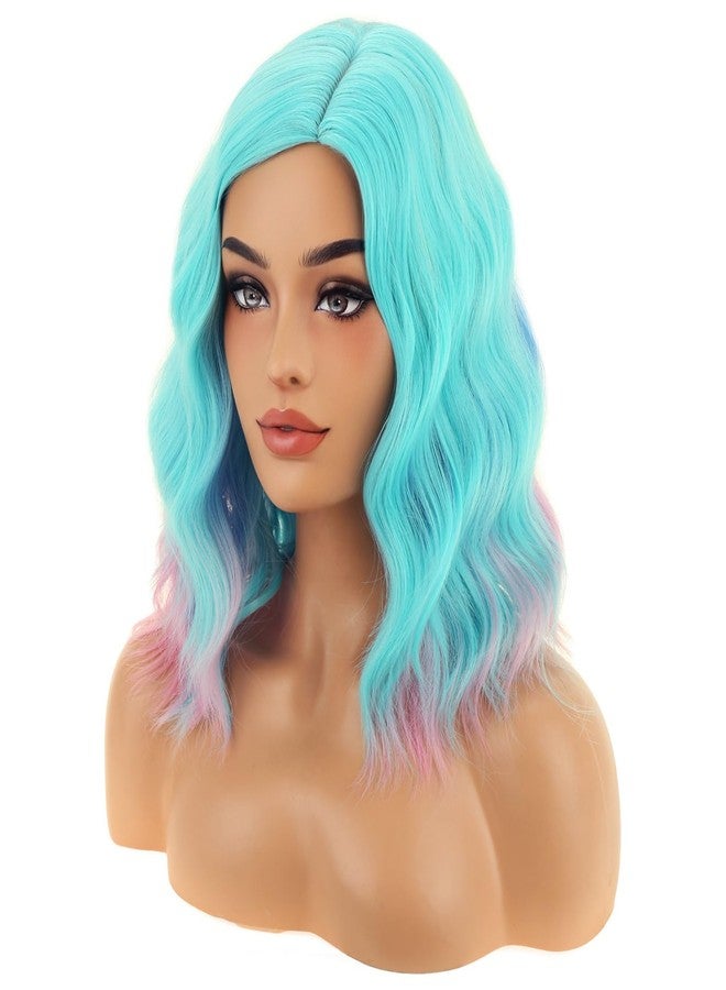 BERON Colorful and Turquoise Short Curly Wave Wig for Women Girls Teal Blue Wavy Heat Resistant Synthetic Wig for Cosplay Costume Party or Daily - Image 1