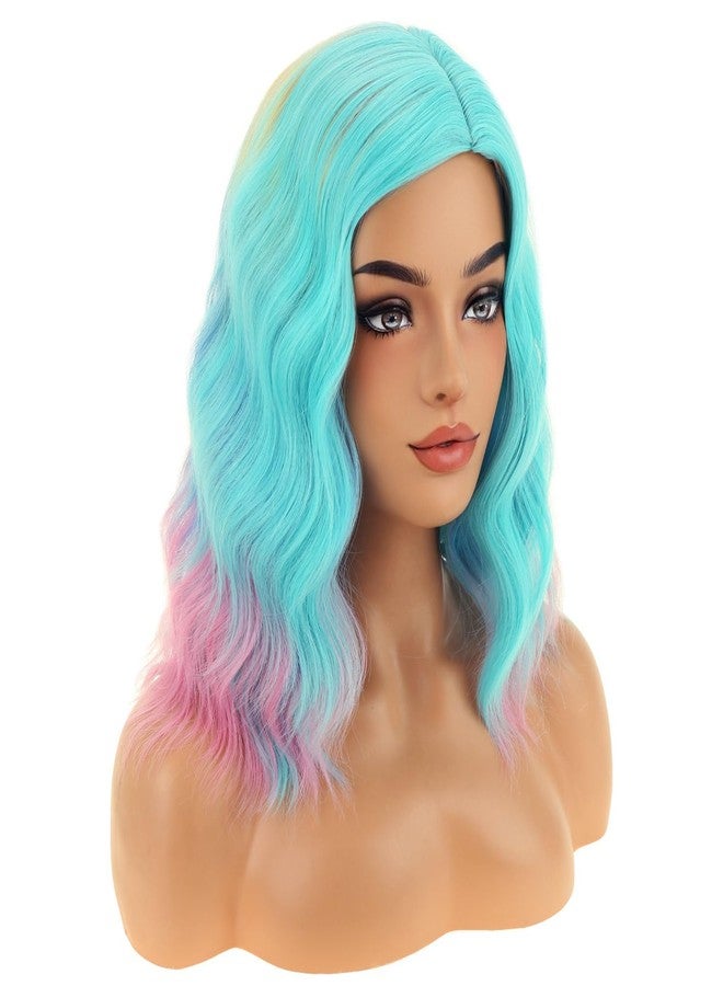 BERON Colorful and Turquoise Short Curly Wave Wig for Women Girls Teal Blue Wavy Heat Resistant Synthetic Wig for Cosplay Costume Party or Daily - Image 3