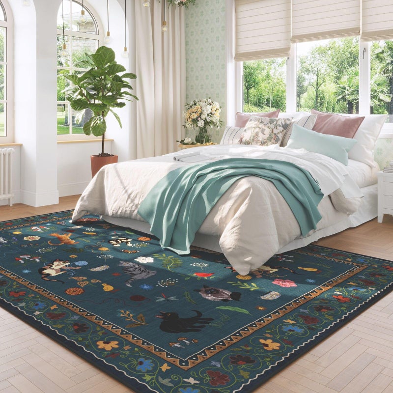 Rugcomf Living Room Rug 5x7 Rug Machine Washable Boho Area Rug Non Slip Floral Animal Cat Vintage Low Pile Large Rugs for Living Room Bedroom Farmhouse Dining Room Kids Playroom, Pearl Gentian Blue - Image 3