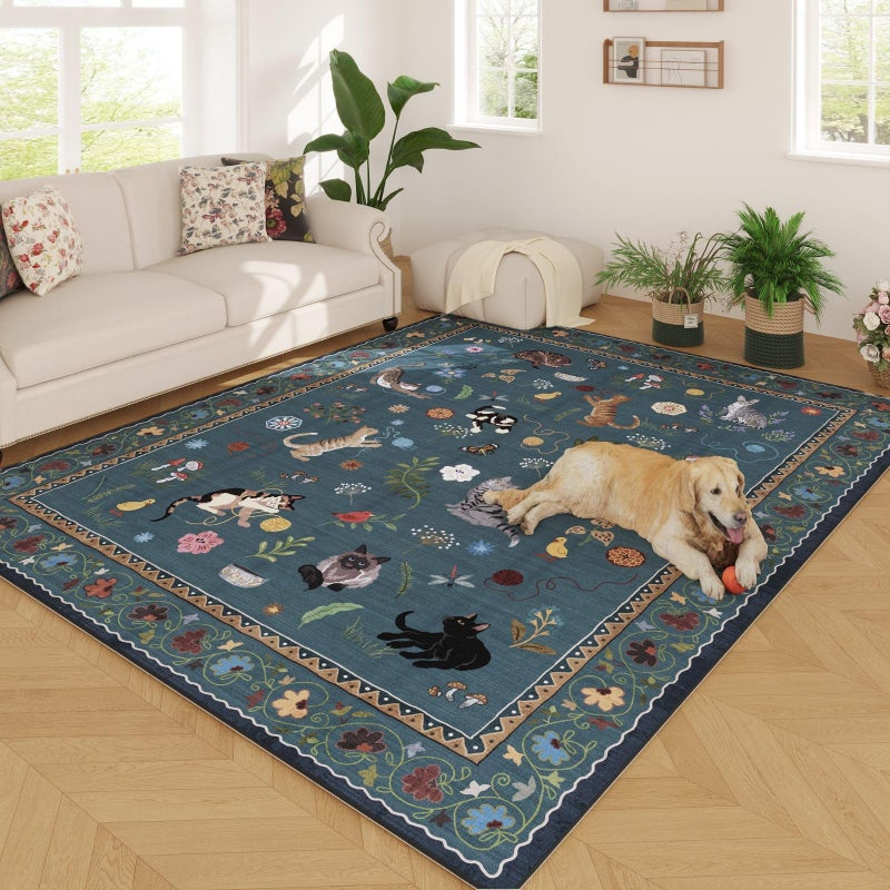 Rugcomf Living Room Rug 5x7 Rug Machine Washable Boho Area Rug Non Slip Floral Animal Cat Vintage Low Pile Large Rugs for Living Room Bedroom Farmhouse Dining Room Kids Playroom, Pearl Gentian Blue - Image 2