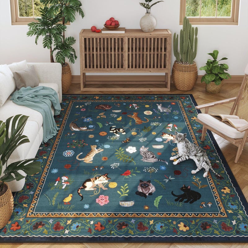 Rugcomf Living Room Rug 5x7 Rug Machine Washable Boho Area Rug Non Slip Floral Animal Cat Vintage Low Pile Large Rugs for Living Room Bedroom Farmhouse Dining Room Kids Playroom, Pearl Gentian Blue - Image 1