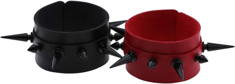 FM FM42 Women Multicolor PU Simulated Leather Black-tone Long and Short Rivets Spike Spiked 4cm(1.57") Wide Punk Gothic Adjustable Bracelet, Pack of 2 - Image 4