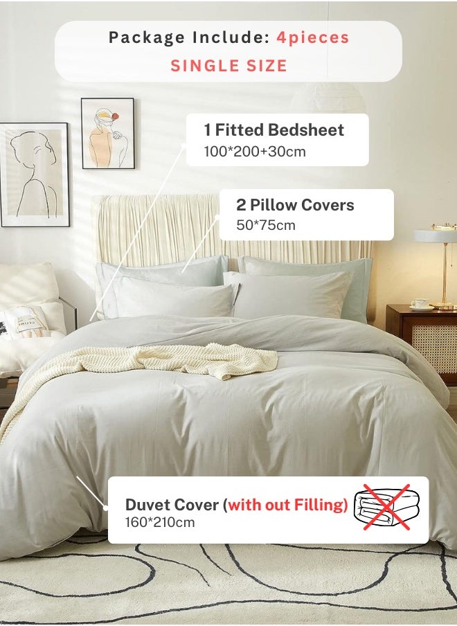 LUNA Home - Single Size 4 Pieces Bedding Set Washable Cotton Light Gray - Image 1