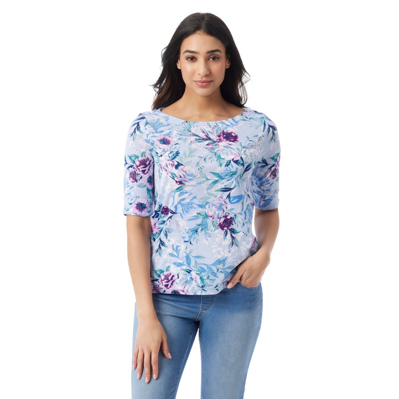 Gloria Vanderbilt Womens Alanis Boat Neck Knit Tee Shirt with Elbow Sleeves Standard Dreamy BlueToscana Floral