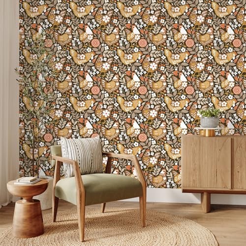VaryStyle Vintage Chicken Wallpaper Brown Farm Animal Floral Peel and Stick Wallpaper for Bedroom Nursery Farmhouse Removable Self Adhesive Vinyl Retro Contact Paper for Kids Room Cabinets 17.7"x118" - Image 3