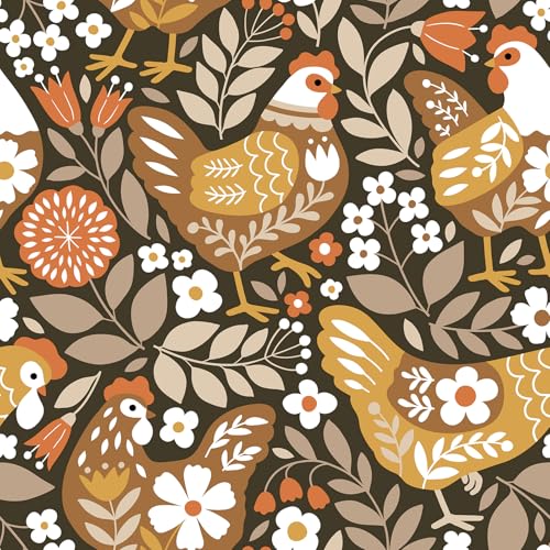 VaryStyle Vintage Chicken Wallpaper Brown Farm Animal Floral Peel and Stick Wallpaper for Bedroom Nursery Farmhouse Removable Self Adhesive Vinyl Retro Contact Paper for Kids Room Cabinets 17.7"x118" - Image 1