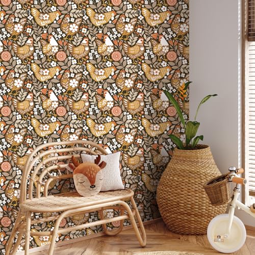 VaryStyle Vintage Chicken Wallpaper Brown Farm Animal Floral Peel and Stick Wallpaper for Bedroom Nursery Farmhouse Removable Self Adhesive Vinyl Retro Contact Paper for Kids Room Cabinets 17.7"x118" - Image 2