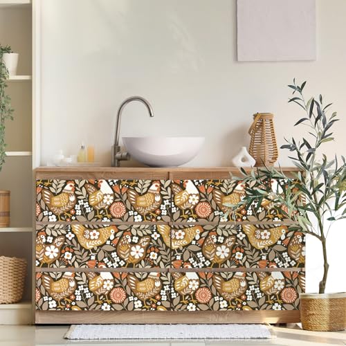 VaryStyle Vintage Chicken Wallpaper Brown Farm Animal Floral Peel and Stick Wallpaper for Bedroom Nursery Farmhouse Removable Self Adhesive Vinyl Retro Contact Paper for Kids Room Cabinets 17.7"x118" - Image 4