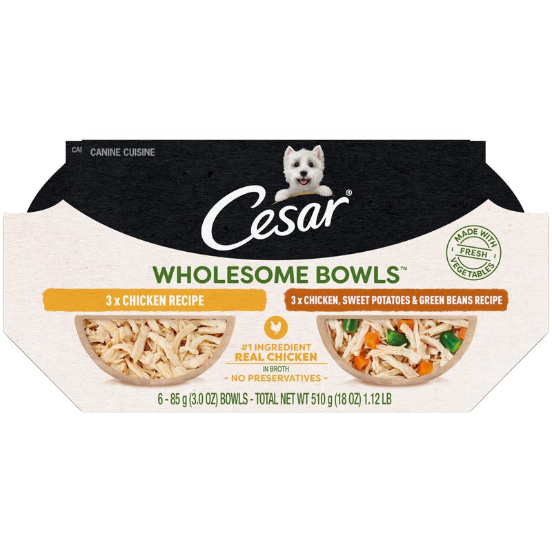 Cesar Wholesome Bowls Adult Wet Dog Food, Chicken Recipe and Chicken, Sweet Potatoes & Green Beans Recipe Variety Pack, Wet Food for Dogs, 3 Oz. Bowls, 6 Count - Image 1