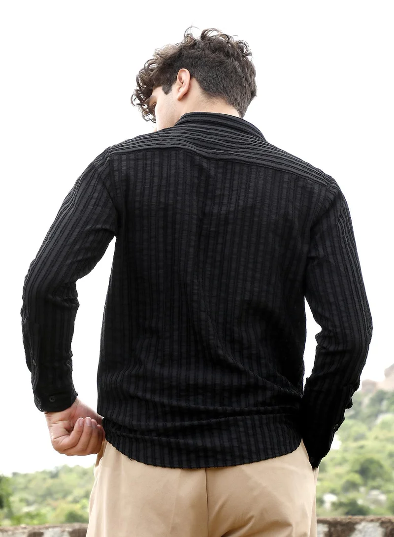 Campus Sutra Campus Sutra Men's Onyx Black Edgy-Stripe Jacquard Shirt | Spread Collar , Long Sleeve Cuffed Sleeves , Button Closure | Stripes Jacquard | Cotton-Blend Shirt For Casual Wear
