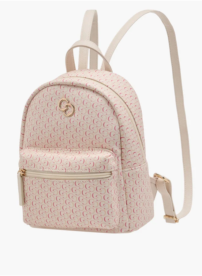سيليست Monogram Print Backpack with Adjustable Straps and Zip Closure - 11x18x25 cm