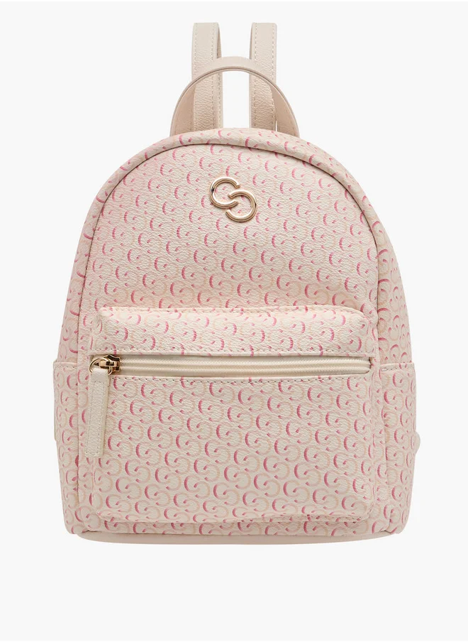 سيليست Monogram Print Backpack with Adjustable Straps and Zip Closure - 11x18x25 cm