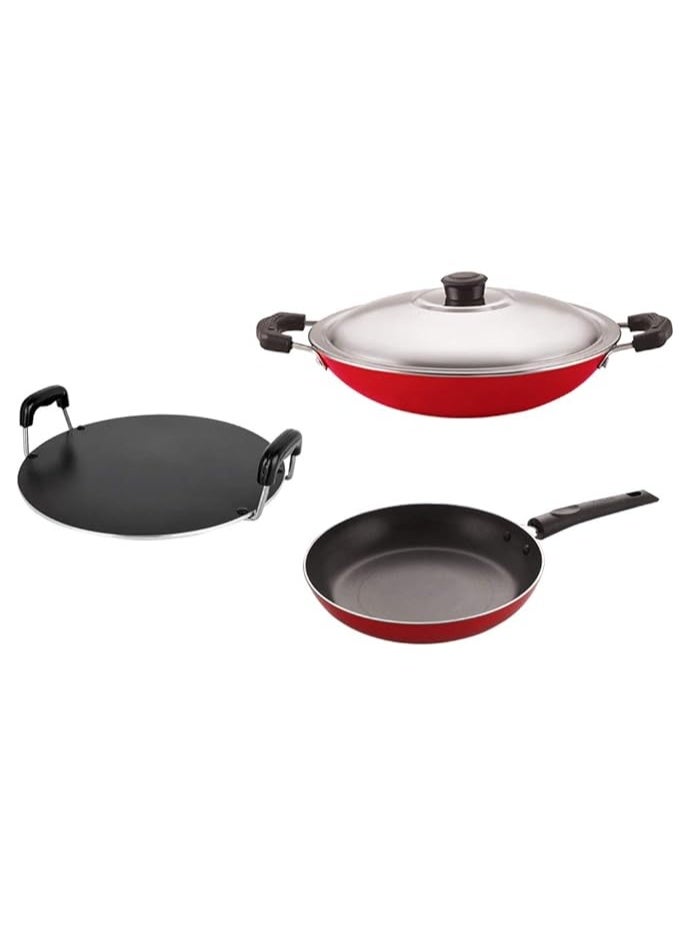 Nirlon Non-Stick Aluminium Heat Resistance Cookware Set of 3 Pieces with Bakelite Handle Appa Chatti Steel Lid | Round Tawa -Tapper Pan - Image 1