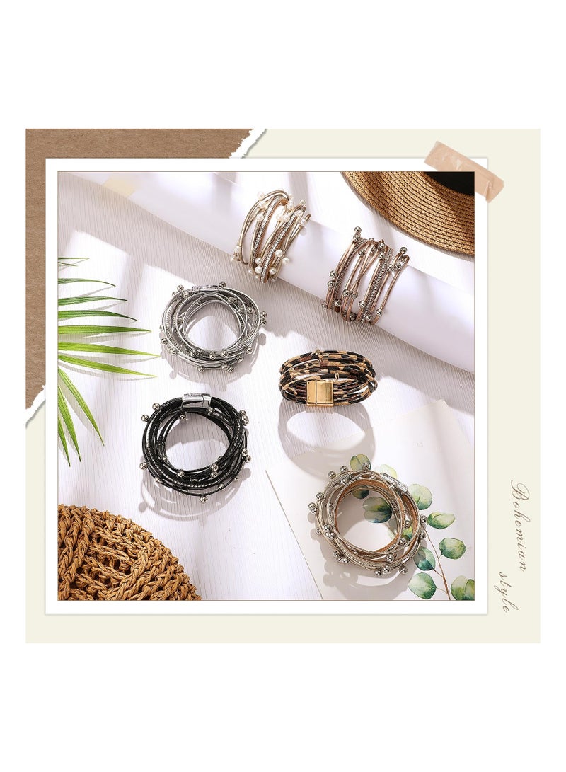 KASTWAVE 6 Pcs Leather Wrap Bracelets for Women, Multi Layer Bohemian Cuff Bracelets Stack Bracelets, Handmade Clasp Bangle Bracelet, Jewelry Gift for Ladies and Mother - Image 4
