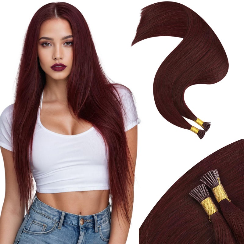 Moresoo I Tip Hair Extensions Human Hair Dark Red Itip Human Hair Extensions 24 inch Straight Pre Bonded Hair Extensions Human Hair Red 08gs 50s