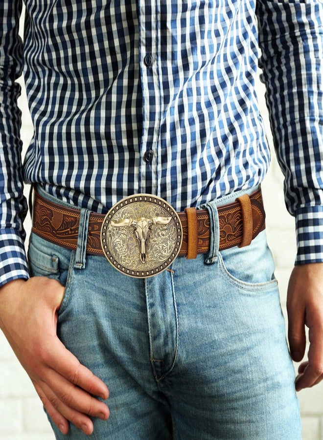 BISON DENIM Men's Western Double embossed leather belts with golden Cowboy Longhorn Bull Pattern Floral Engraved Buckle Belt studded buckle replaceable belt buckle - Image 2