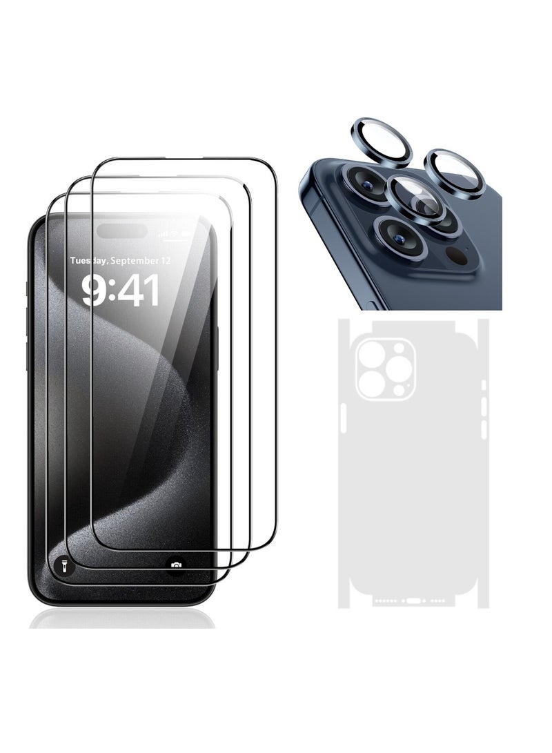 Digi Core واقي شاشة iPhone 15 Pro Max مكون من 3 قطع مقاس 6.7 بوصات 2.5D حواف منحنية مع عدسة كاميرا iPhone 15 Pro Max ومجموعة أوراق شفافة PVC مضادة للخدش (تيتانيوم أزرق، iPhone 15 Pro Max) - Image 1