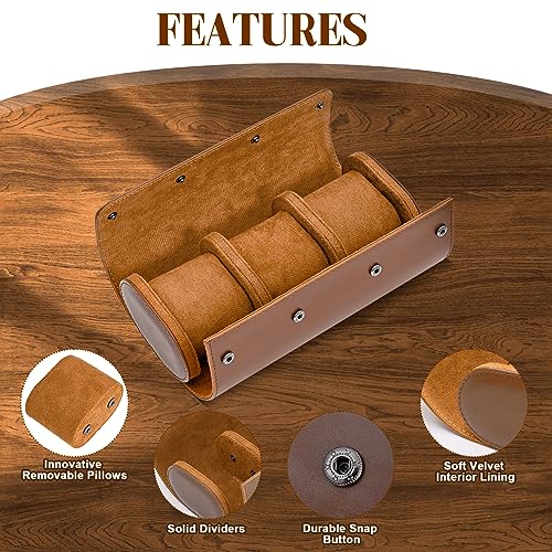 ROSELLE Watch Roll Travel Case for Men and Women- 3 Watch Storage and Organizer-Secure Storage with Innovative Removable Pillows & Solid Dividers for Home, Travel and Display(Brown) - Image 3