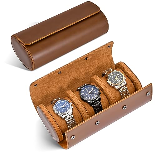 ROSELLE Watch Roll Travel Case for Men and Women- 3 Watch Storage and Organizer-Secure Storage with Innovative Removable Pillows & Solid Dividers for Home, Travel and Display(Brown) - Image 1