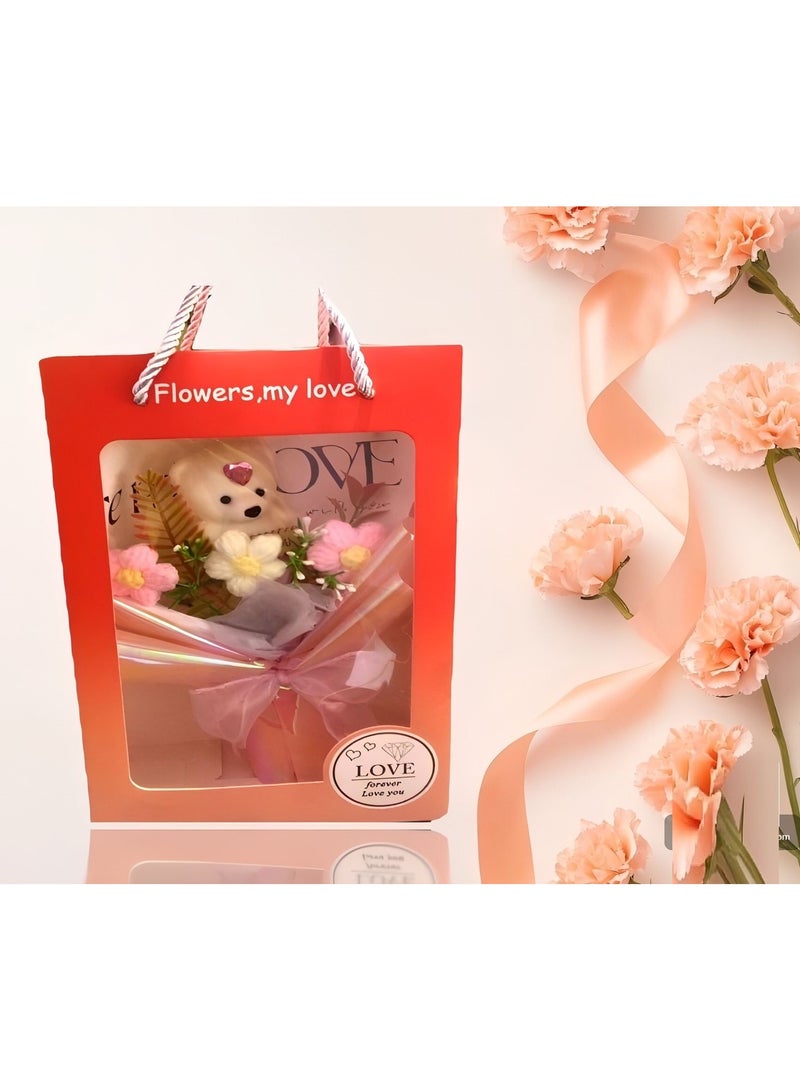 Box bag bouquet artificial roses aesthetic flower bouquet and teddy bear gift for Valentine's Day, occasions and birthday - Image 1