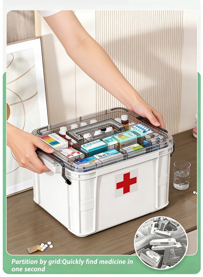 2-Layer Large Capacity Transparent Home Medicine Storage Box,Pill Box With Portable Handle Medicine Box First Aid Kit,Medical Classification Storage Medicine Box，Suitable For Home, Travel, Office Daily Medicine Storage(White) - Image 5