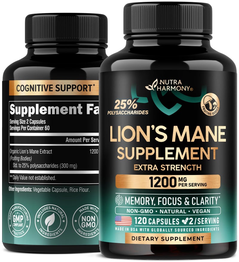 NUTRAHARMONY كبسولات مكملات ليوينز مان - ليوينز مان عضوي - صنع في الولايات المتحدة الأمريكية - مستخلص الأجسام المثمرة - 1200 ملغ، 25% بوليسكاريد - دعم الذاكرة والتركيز - مثل مسحوق ليوينز - 120 كبسولة، إمداد لمدة شهرين - Image 1