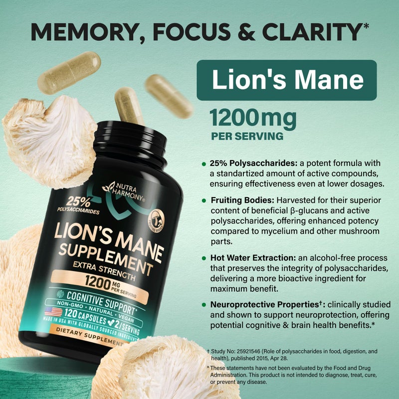 NUTRAHARMONY كبسولات مكملات ليوينز مان - ليوينز مان عضوي - صنع في الولايات المتحدة الأمريكية - مستخلص الأجسام المثمرة - 1200 ملغ، 25% بوليسكاريد - دعم الذاكرة والتركيز - مثل مسحوق ليوينز - 120 كبسولة، إمداد لمدة شهرين - Image 3