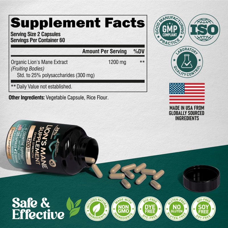 NUTRAHARMONY كبسولات مكملات ليوينز مان - ليوينز مان عضوي - صنع في الولايات المتحدة الأمريكية - مستخلص الأجسام المثمرة - 1200 ملغ، 25% بوليسكاريد - دعم الذاكرة والتركيز - مثل مسحوق ليوينز - 120 كبسولة، إمداد لمدة شهرين - Image 5