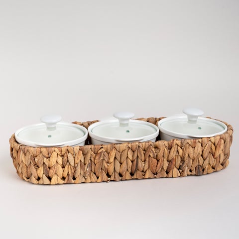Porcelain 3Pcs Round Casseroles With Lid And Rattan Basket