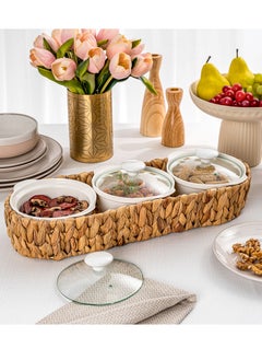 La Mesa 3 Pieces Porcelain Round Casseroles With Lid And Rattan Basket White 44.45 X 12.7 X 7.62 Cm  - Image 1