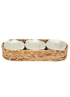 La Mesa 3 Pieces Porcelain Round Casseroles With Lid And Rattan Basket White 44.45 X 12.7 X 7.62 Cm  - Image 2