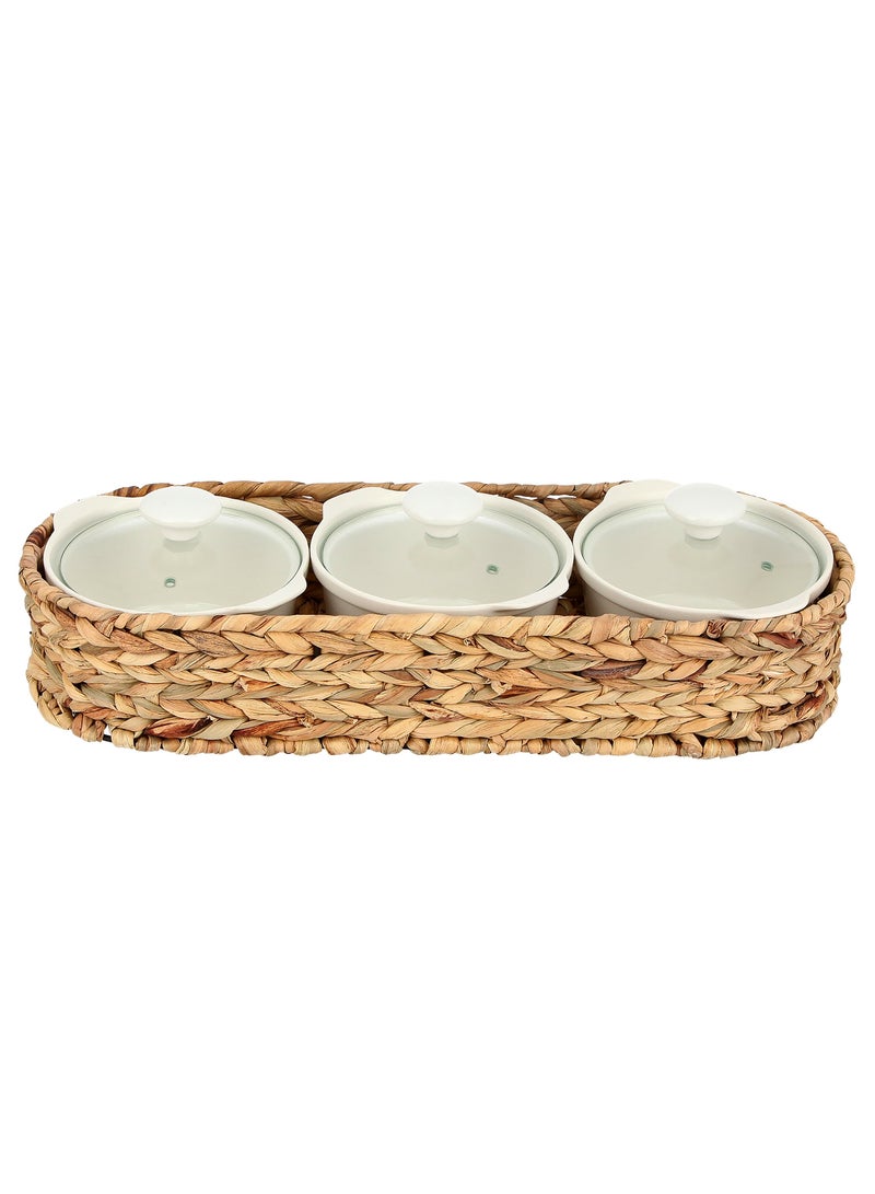 3 Pieces Porcelain Round Casseroles With Lid And Rattan Basket White 44.45 X 12.7 X 7.62 Cm