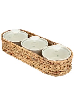 La Mesa 3 Pieces Porcelain Round Casseroles With Lid And Rattan Basket White 44.45 X 12.7 X 7.62 Cm  - Image 3
