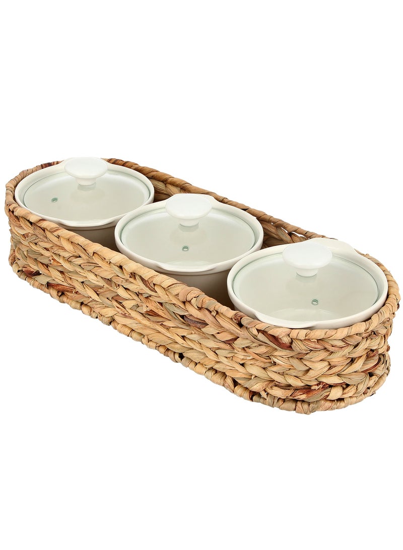 3 Pieces Porcelain Round Casseroles With Lid And Rattan Basket White 44.45 X 12.7 X 7.62 Cm