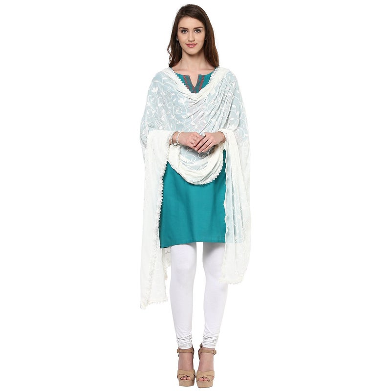 DUPATTA BAZAAR دوباتا بازار شال نسائي باللون الأبيض العاجي مزخرف من الشيفون - Image 5