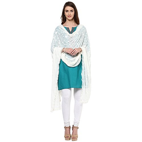 DUPATTA BAZAAR دوباتا بازار شال نسائي باللون الأبيض العاجي مزخرف من الشيفون - Image 1