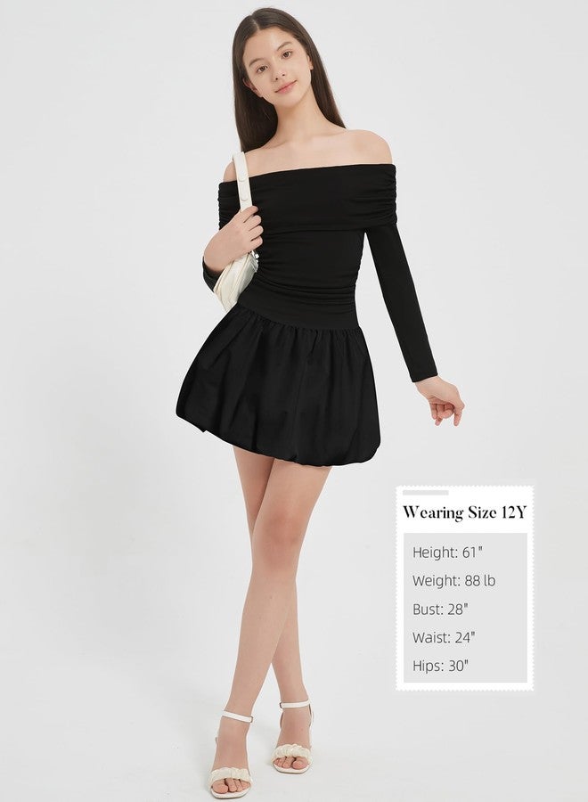 EXARUS Girls Dress Off The Shoulder Bodycon/Bubble Long Sleeve Teen Ruched Valentine Dance Formal Prom Tween Dresses, Off the Shoulder Bubble Black, 12 Years - Image 5