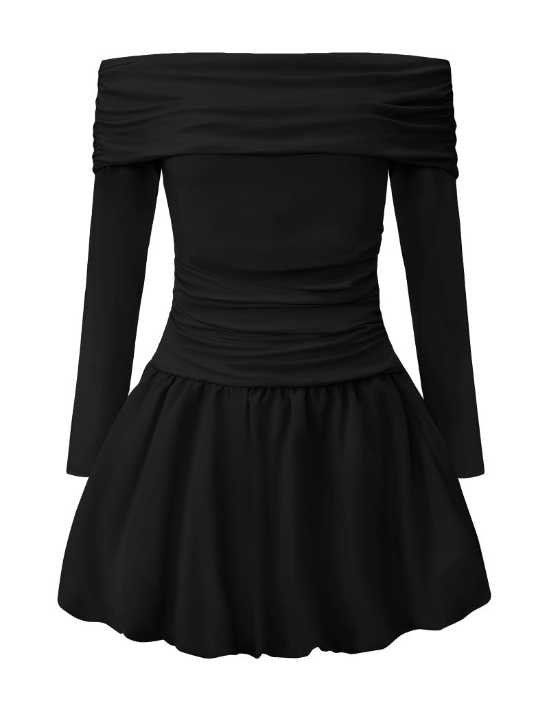 EXARUS Girls Dress Off The Shoulder Bodycon/Bubble Long Sleeve Teen Ruched Valentine Dance Formal Prom Tween Dresses, Off the Shoulder Bubble Black, 12 Years - Image 1