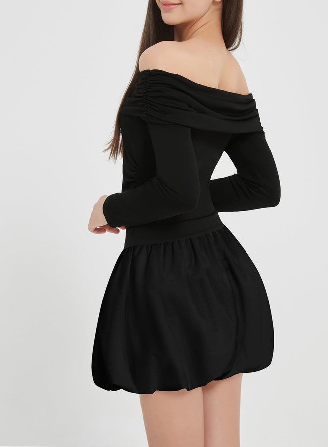 EXARUS Girls Dress Off The Shoulder Bodycon/Bubble Long Sleeve Teen Ruched Valentine Dance Formal Prom Tween Dresses, Off the Shoulder Bubble Black, 12 Years - Image 4