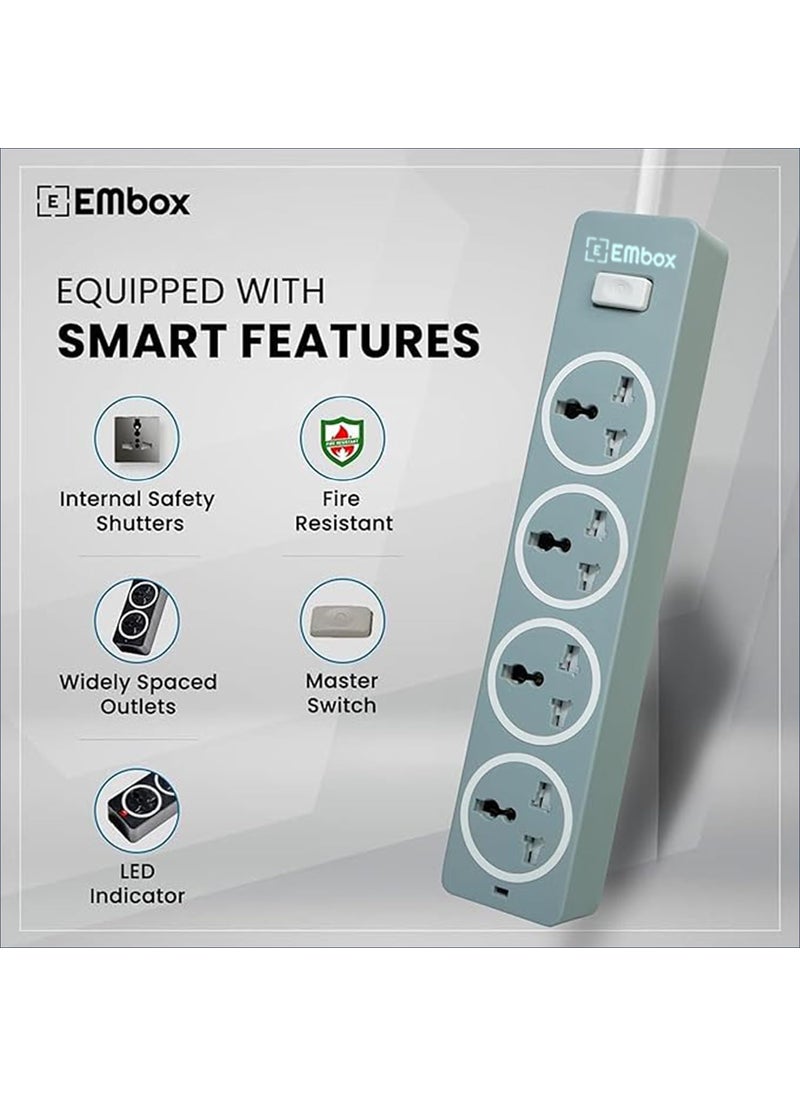 EMBOX EMBOX 10A Extension Board with Master SwitchExtension Cord with 4 Universal SocketsSpike Guard with Safety Shutter and LED Indicator1500W Grey2 Meter Cable  - Image 2