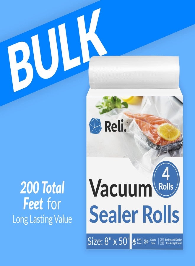 Reli. Vacuum Sealer Bags - 4 Rolls of 8"x50' | 4 Rolls Bulk - 200ft Total | Vacuum Sealer 8inx50ft for Food | BPA Free, Cut to Size | Food Sealing Bags for Sous Vide, Storage, Meal Prep | Clear - Image 2